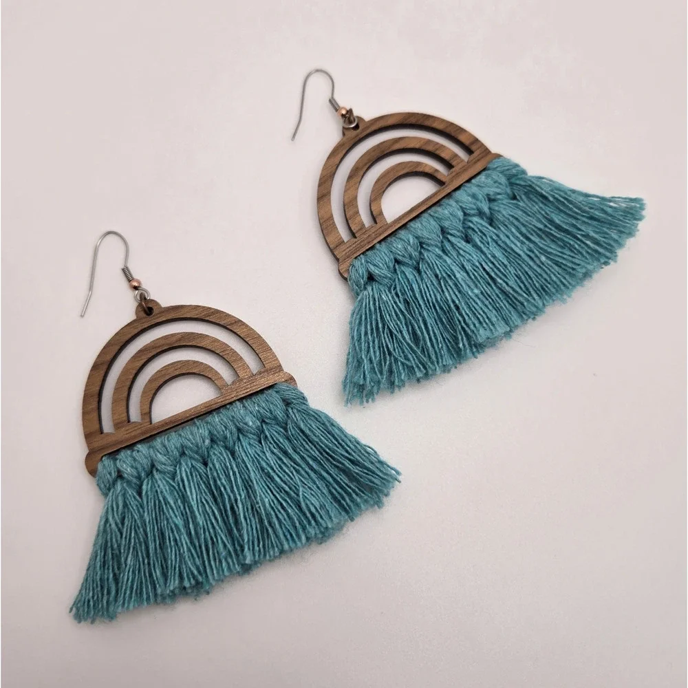 Tassel Earrings Turquoise Fringe Wood Dangle Southwestern Hippie Boho Maximalist